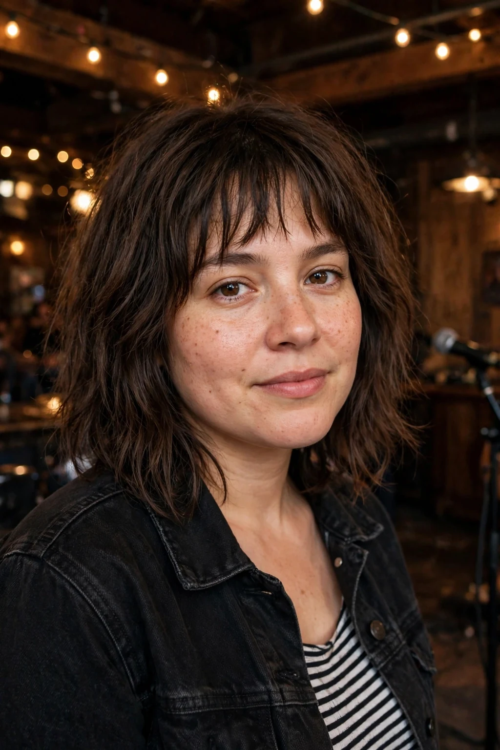 Young woman with a round face wearing a shaggy lob with light wispy bangs.