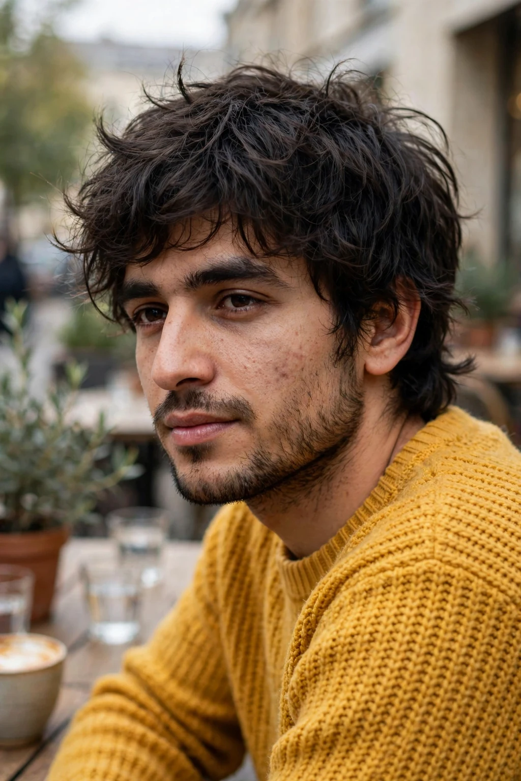 Young man with a shaggy medium crop for thick hair, sitting at an outdoor cafe table in a mustard knit sweater.