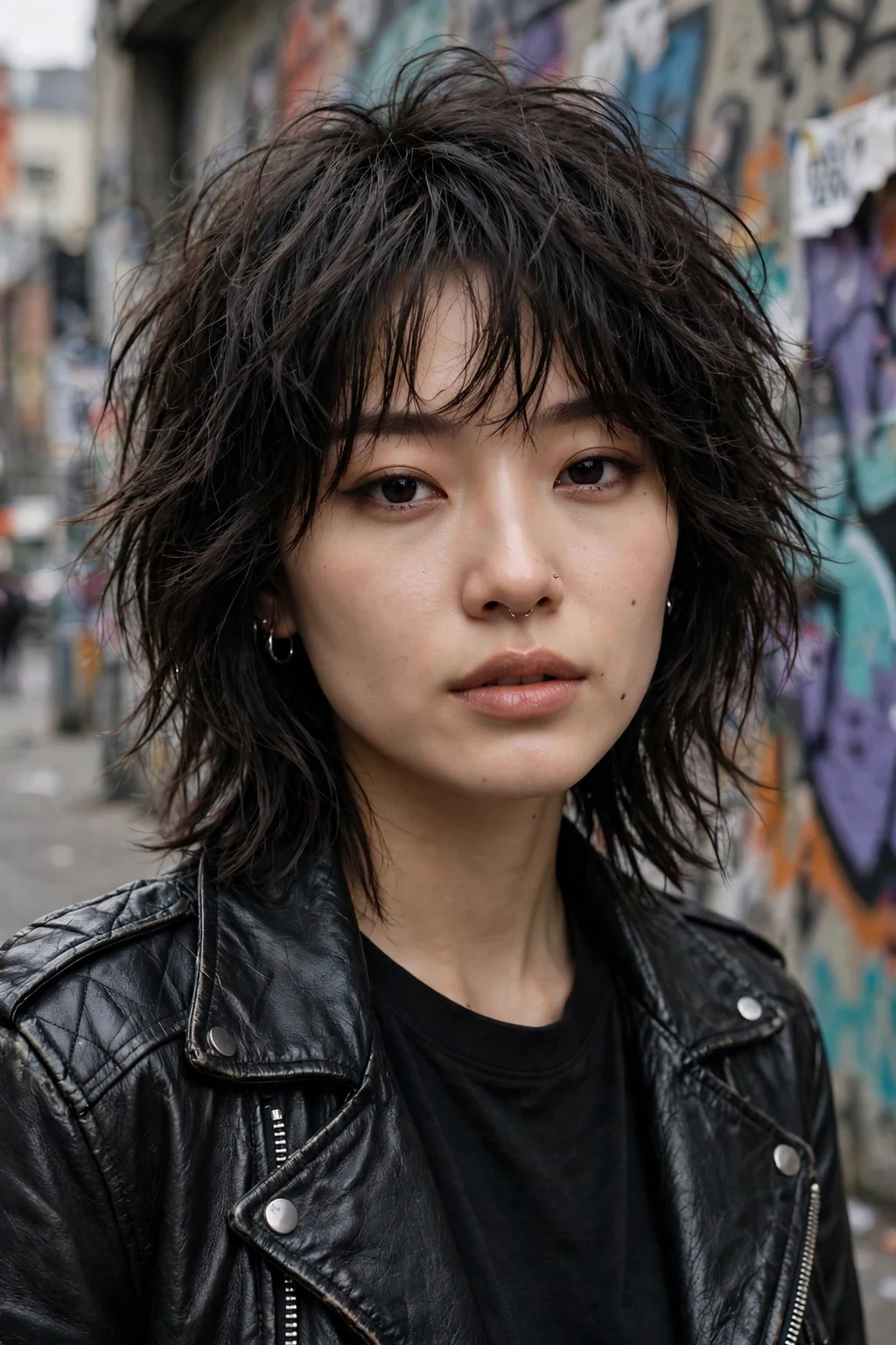 Beautiful woman with shaggy medium layers, textured shaggy layers, trendy light.