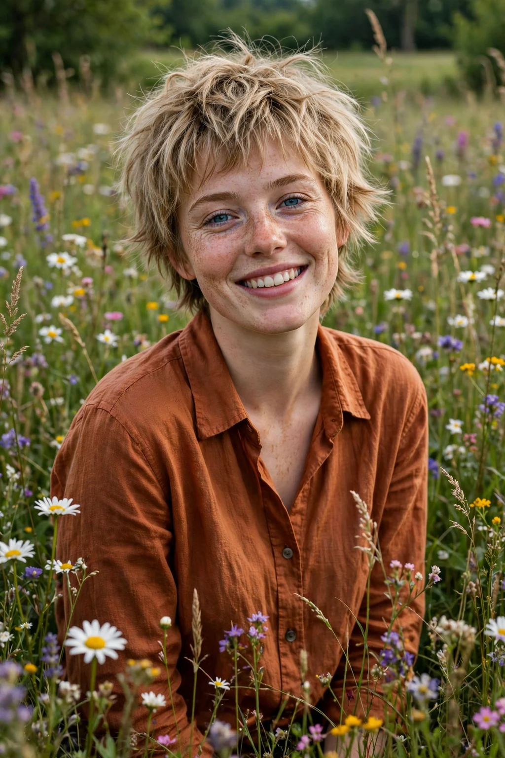 A young woman with a shaggy pixie, choppy uneven layers and a relaxed undone finish.