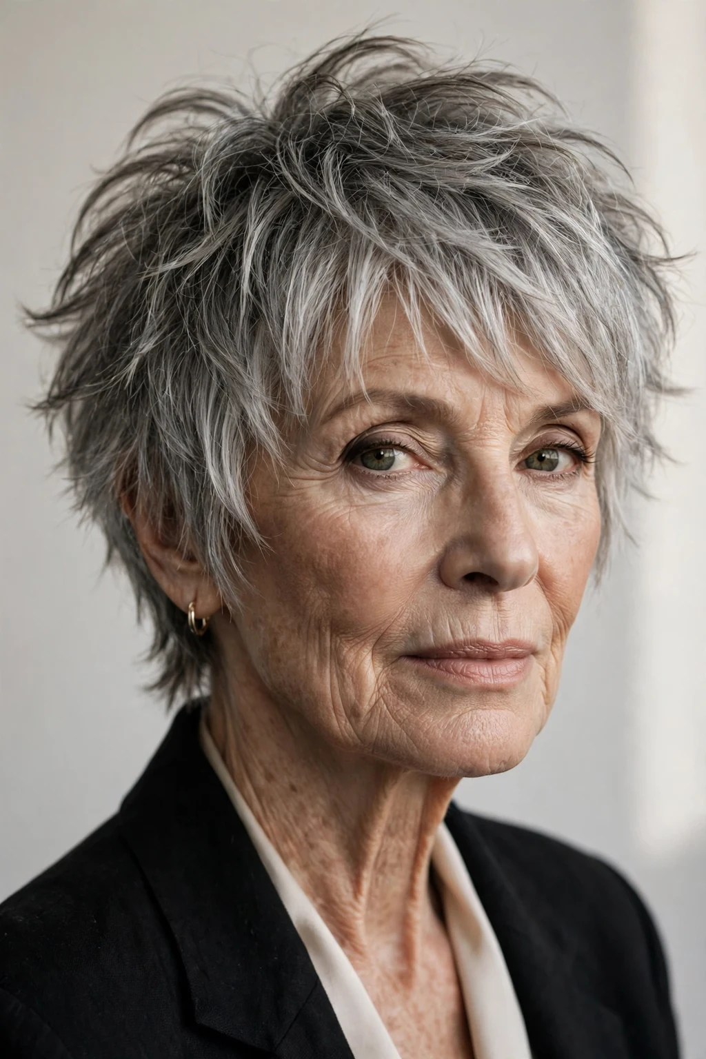 Elegant woman over 70 with shaggy pixie, textured lived-in layers, edgy soft light.