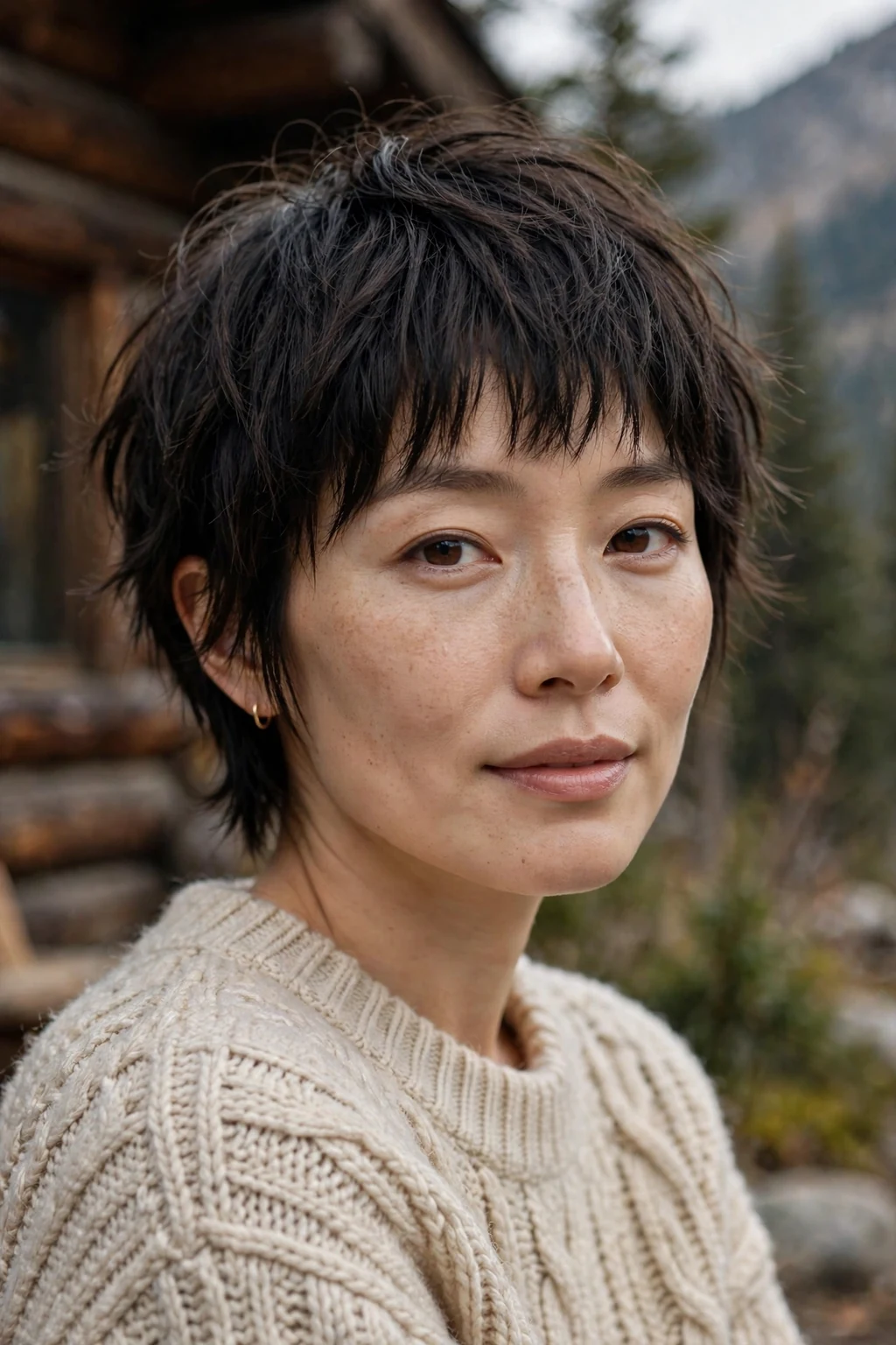 Beautiful woman with shaggy pixie bangs, cool shaggy pixie bangs, textured light.