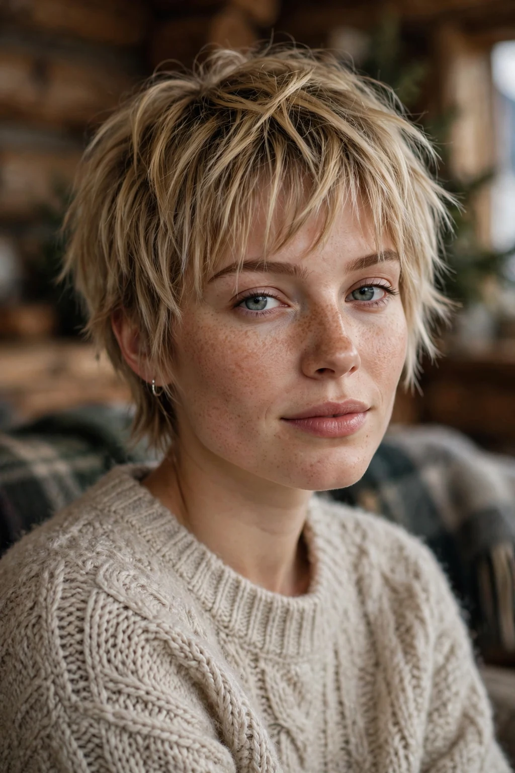 Beautiful woman with shaggy pixie bangs, cool shaggy pixie bangs, textured light.