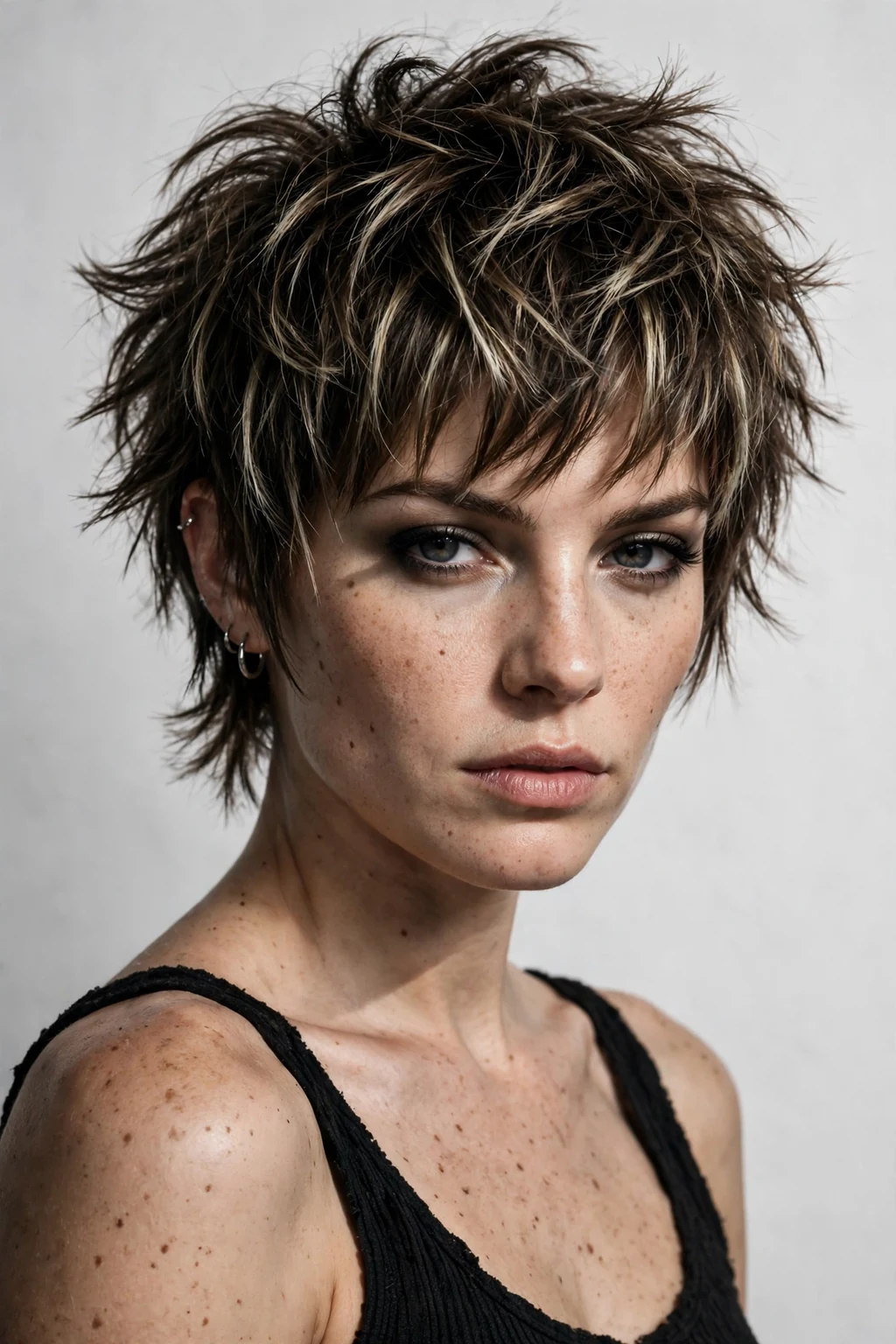 Woman with shaggy pixie, rock-chick layers, edgy textured light.