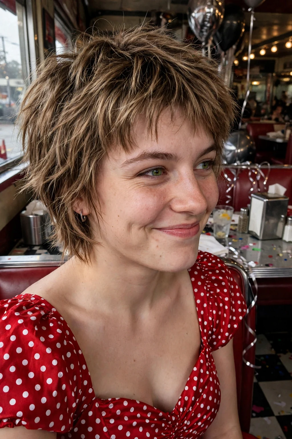Young woman aged 18 to 20 with shaggy short cut hairstyle for prom, a vintage diner decorated for a prom after-party.