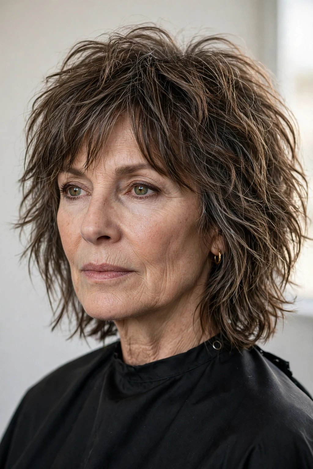 Elegant older woman with shaggy shoulder cut, textured lived-in layers, edgy soft light.