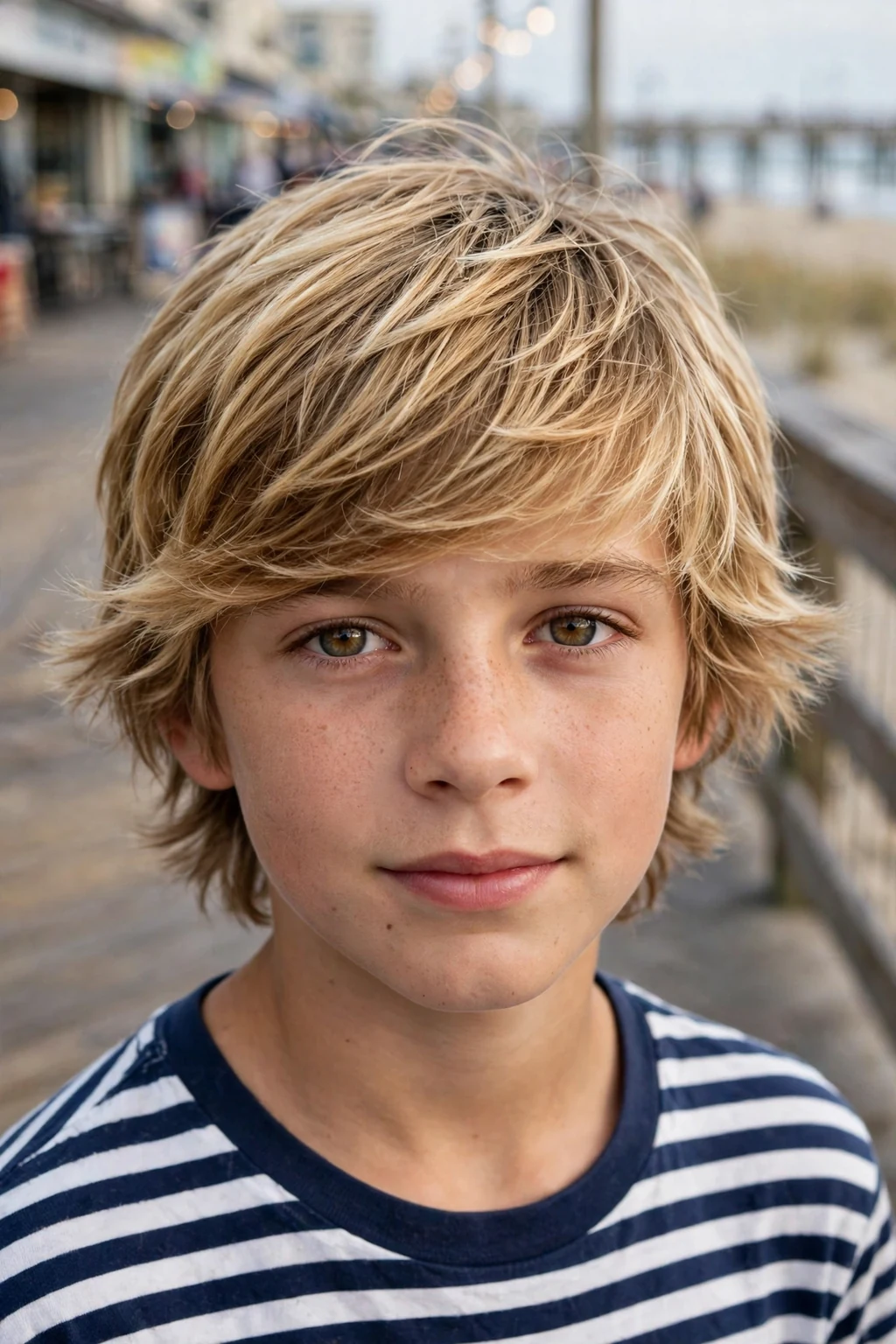A boy with shaggy surfer layers, medium-length sun-kissed layered hair, on a beach boardwalk wearing a navy and white striped T-shirt.