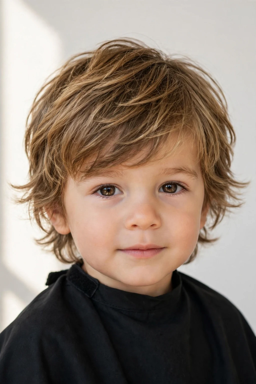 Cute toddler boy with shaggy surfer-style longish hair, beachy waves, natural sunlight.