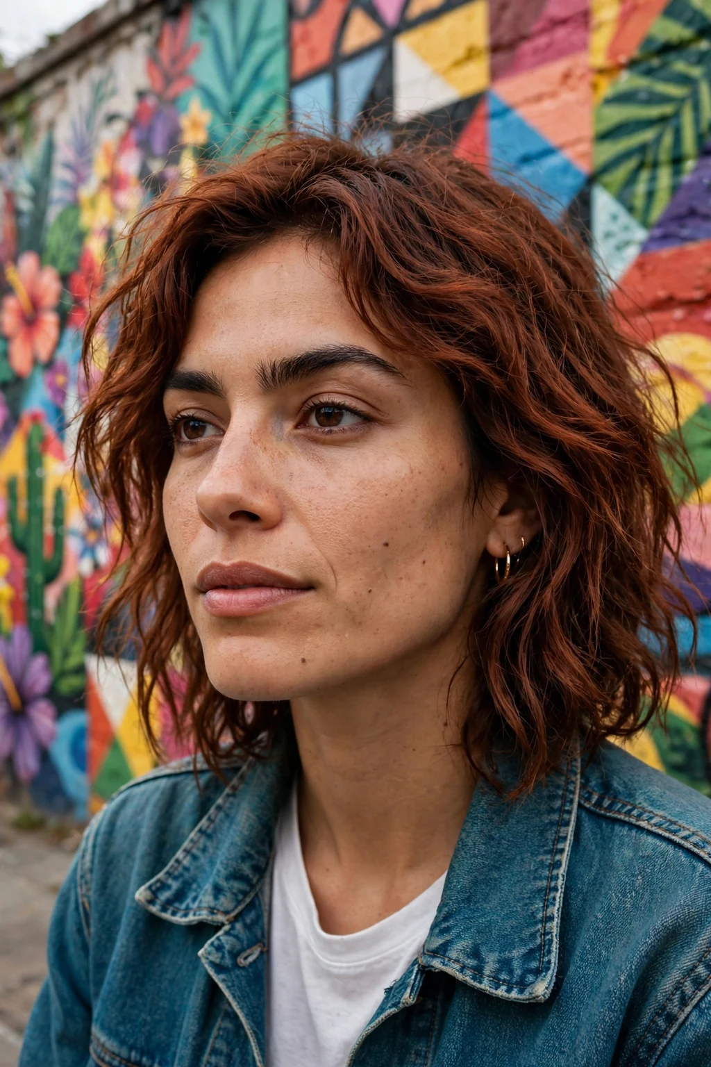 Young woman with a shaggy wavy cut full of choppy layers and texture.