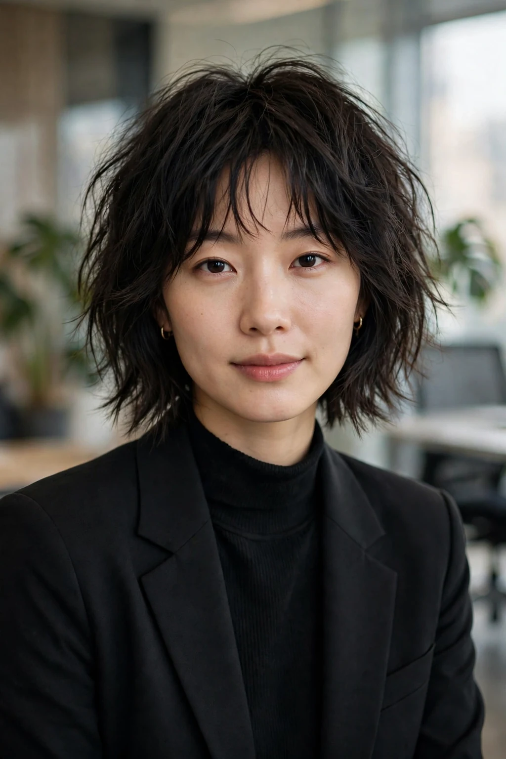 Beautiful woman with shaggy wolf bob, chin-length wolf bob, chic light.