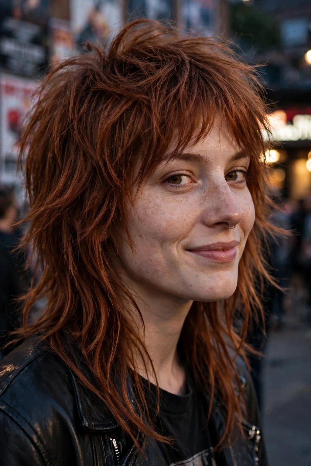 A young woman with a shaggy wolf cut and choppy layers, at a music venue wearing a leather jacket and band tee.