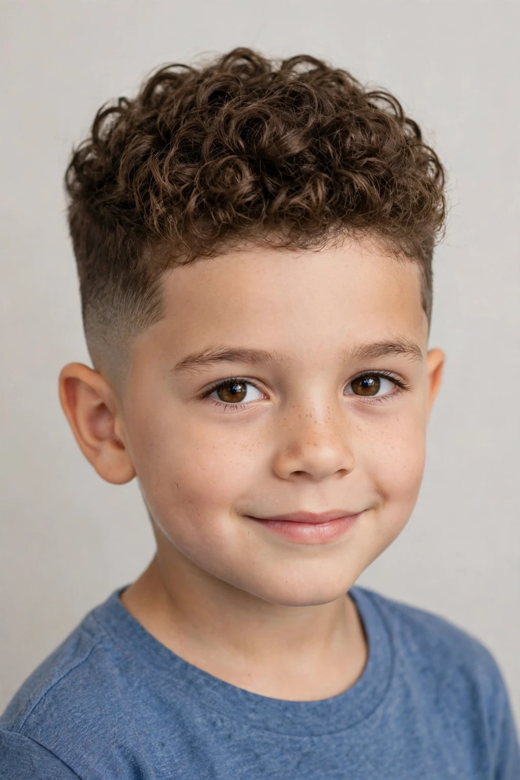 Boy with shaped curly taper haircut, neatly sculpted curls with clean gradient sides.
