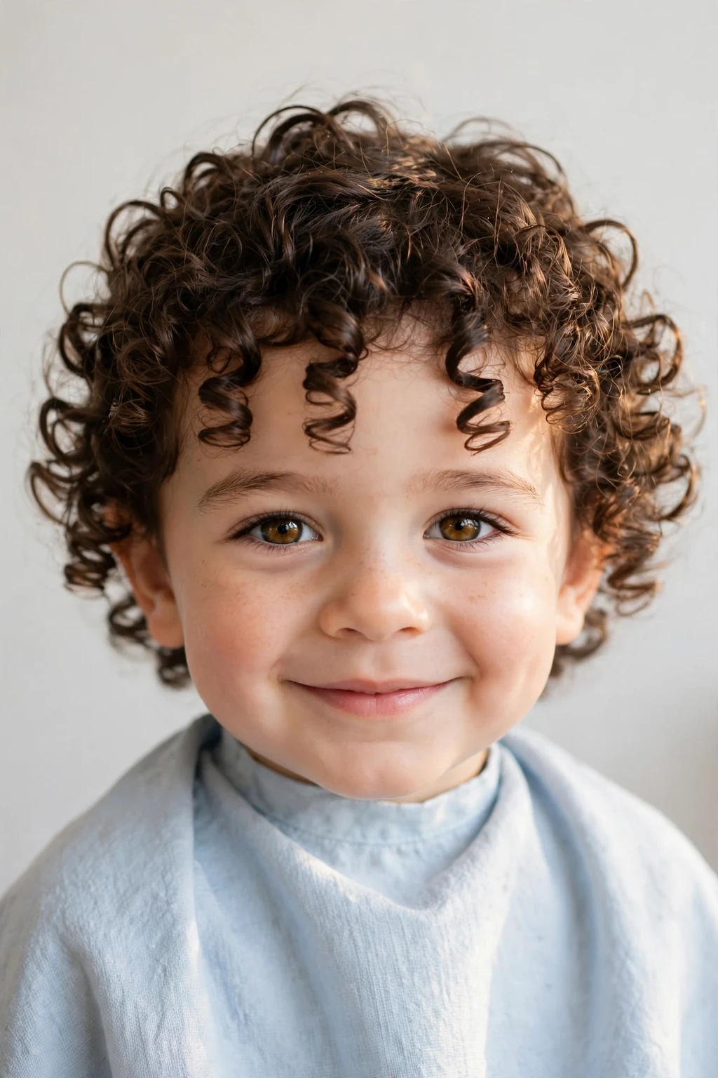 Beautiful toddler boy with shaped natural curls, defined bouncy ringlets, soft radiant lighting.