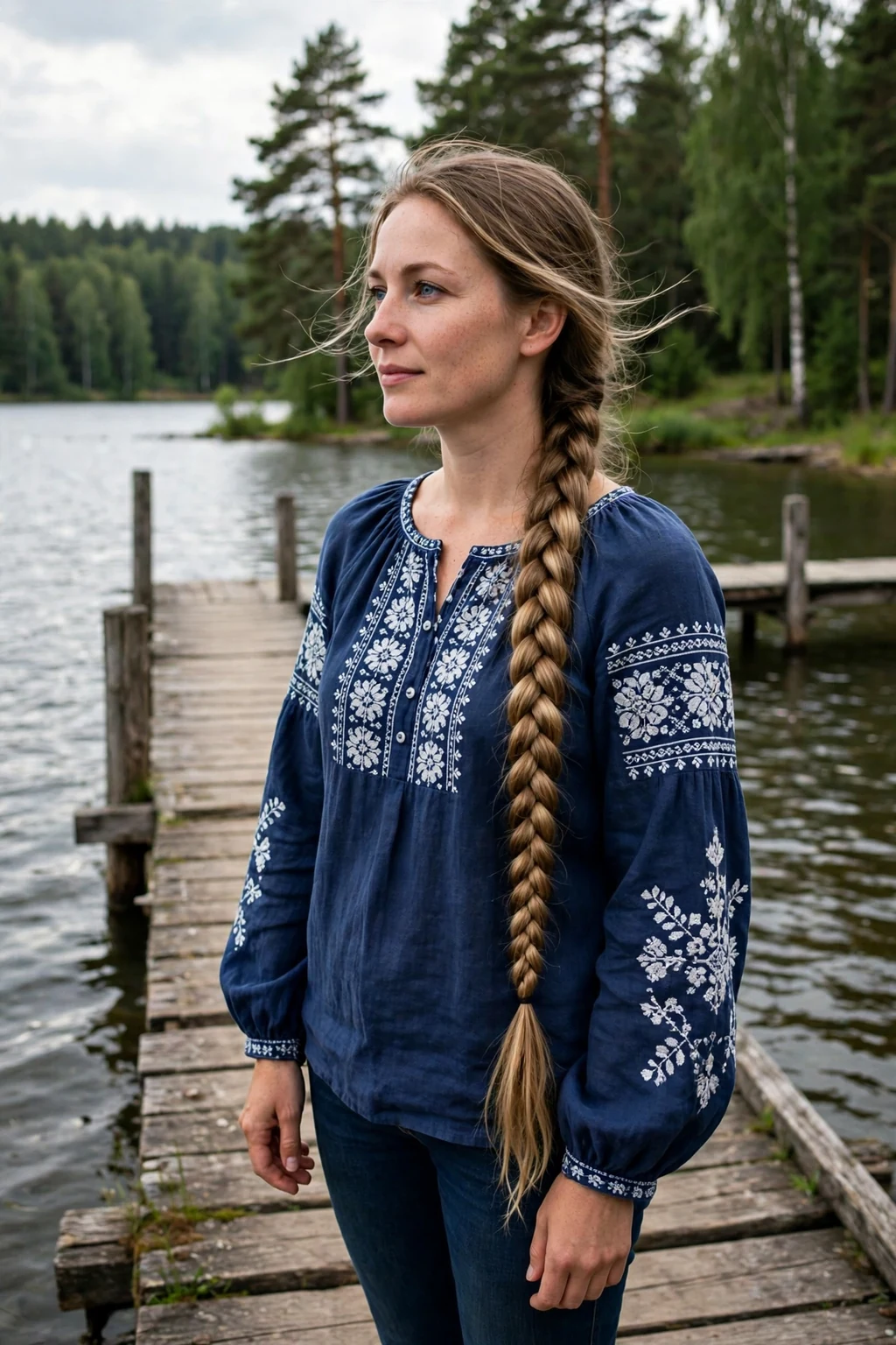 Young woman with a long fishtail braid wearing a navy peasant blouse on a wooden pier.
