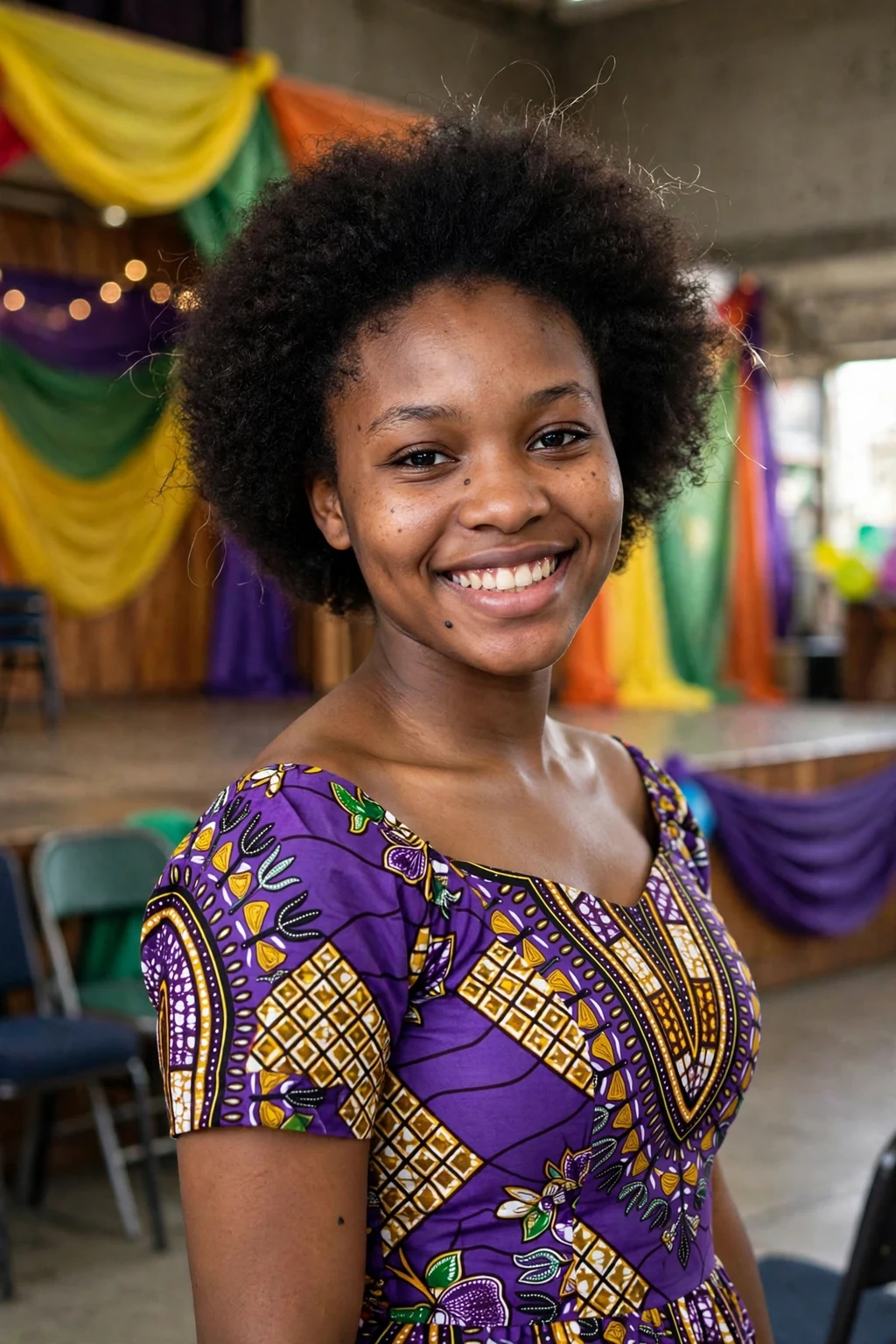Young woman aged 18 to 20 with short afro curls hairstyle for prom, a community hall stage with colorful drapes.