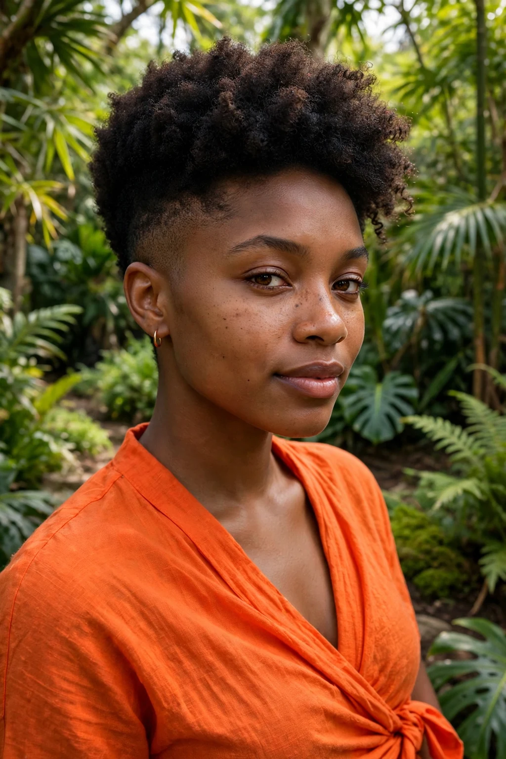 Young woman with a short afro taper, rounded afro shape with faded sides, in a botanical garden.