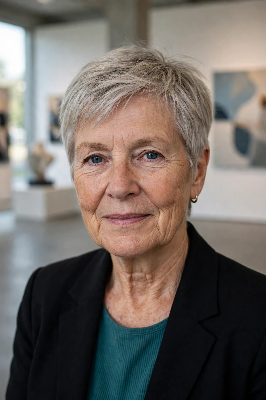 Mature woman with a short asymmetrical cut short haircut for fine hair, styled with soft volume.