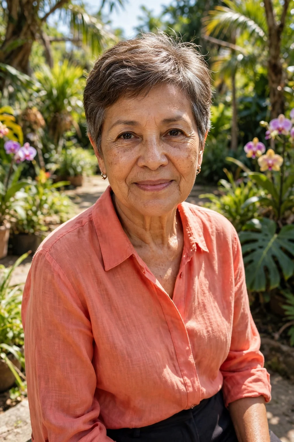 Mature woman with a short bixie cut short haircut for fine hair, styled with soft volume.