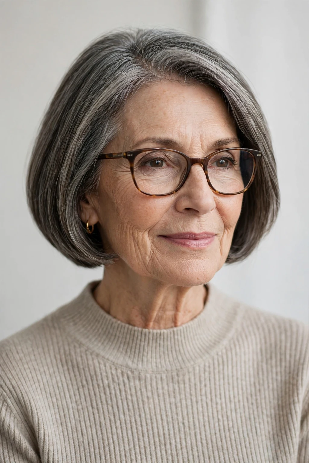 Elegant woman over 60 with glasses and short bob, chic chin-length shape, timeless light.