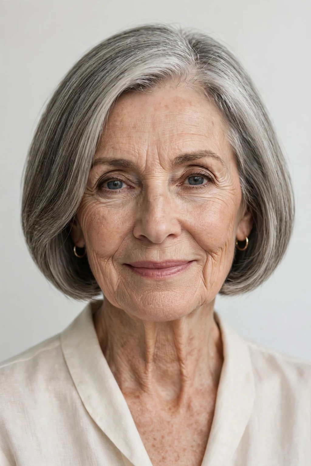 Elegant woman over 70 with short bob, chic chin-length shape, timeless light.