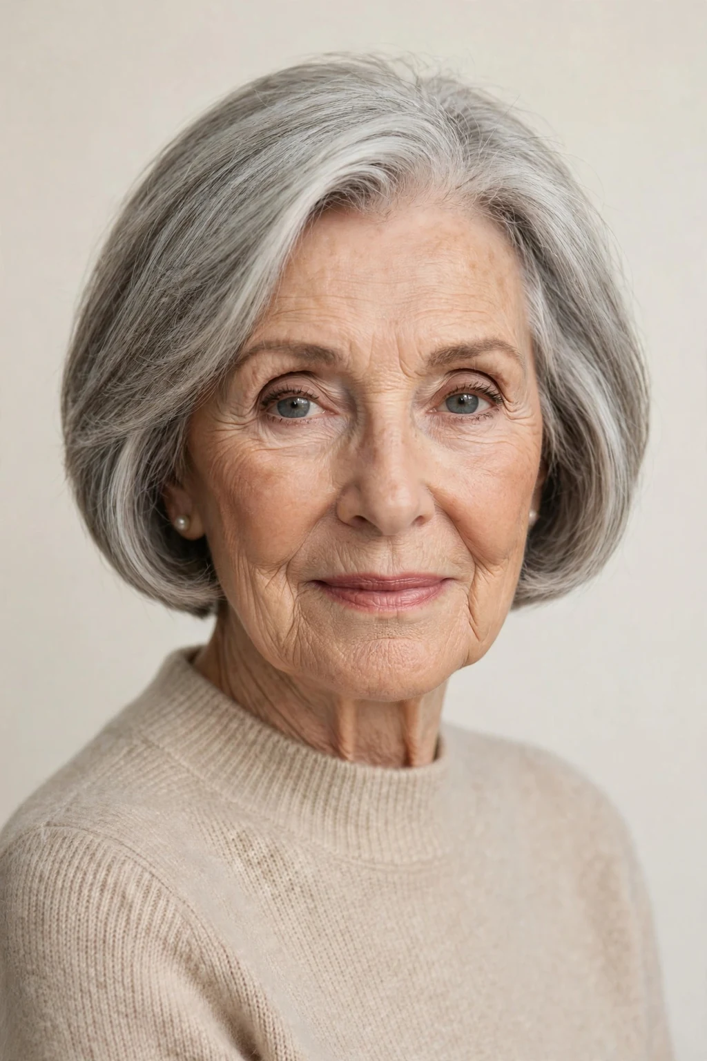 Elegant woman over 80 with short bob, chic chin-length shape, timeless light.