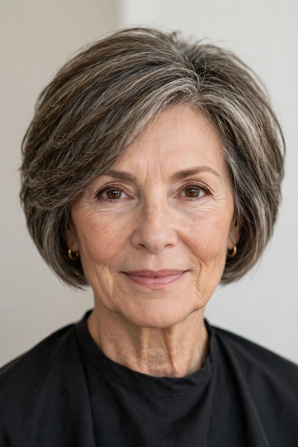 Elegant woman over 50 with short bob mix, blended versatile length, flattering light.