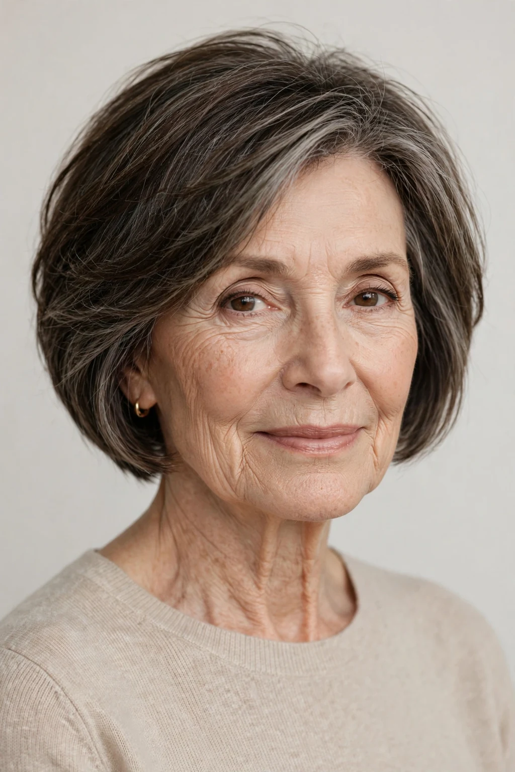 Elegant woman over 60 with short bob mix, blended versatile length, flattering light.