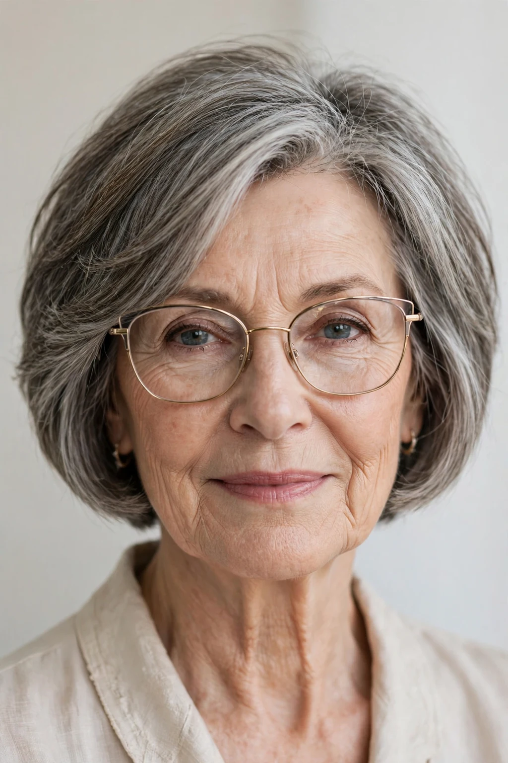 Elegant woman over 70 with glasses and short bob mix, blended versatile length, flattering light.