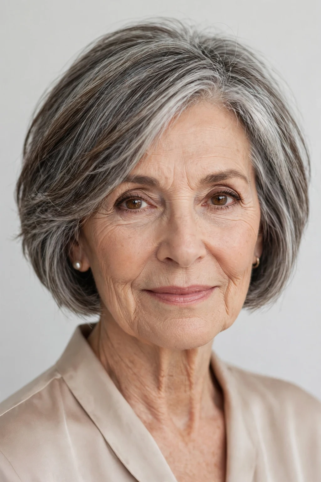 Elegant woman over 70 with short bob mix, blended versatile length, flattering light.