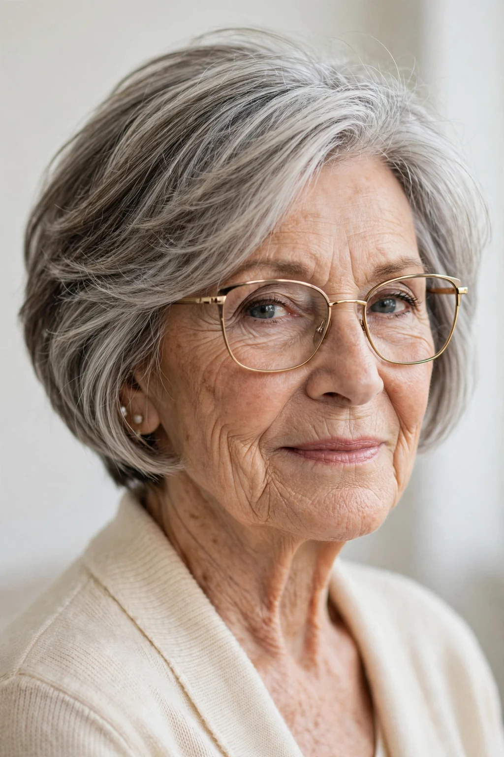 Elegant woman over 80 with glasses and short bob mix, blended versatile length, flattering light.