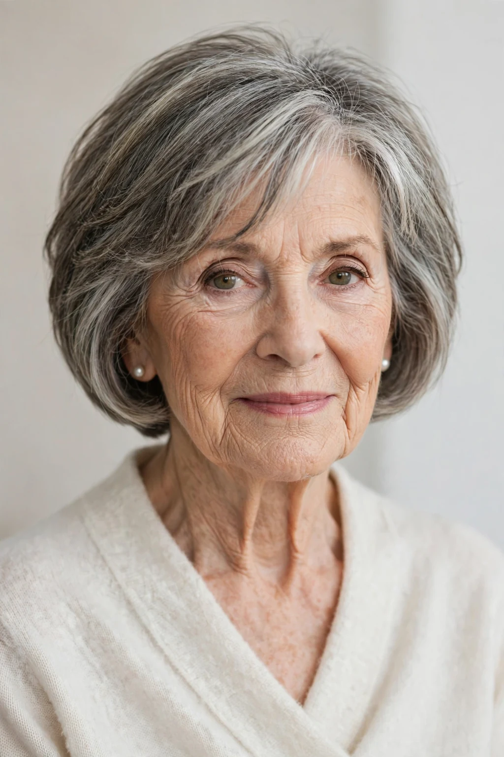 Elegant woman over 80 with short bob mix, blended versatile length, flattering light.