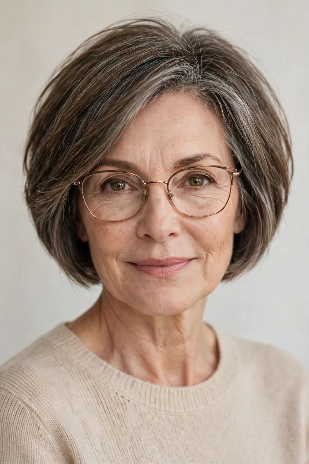 Elegant woman over 50 with glasses and short bob mix, blended versatile length, flattering light.