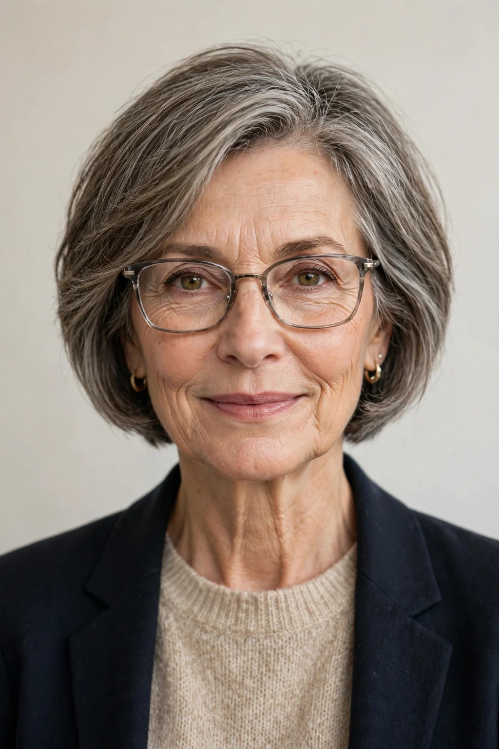 Elegant woman over 60 with glasses and short bob mix, blended versatile length, flattering light.