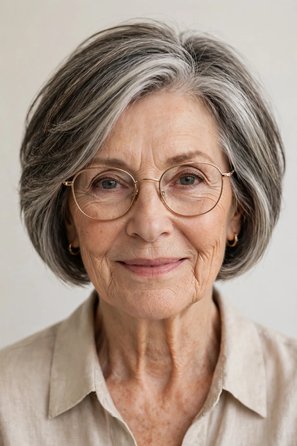 Elegant woman over 70 with glasses and short bob mix, blended versatile length, flattering light.