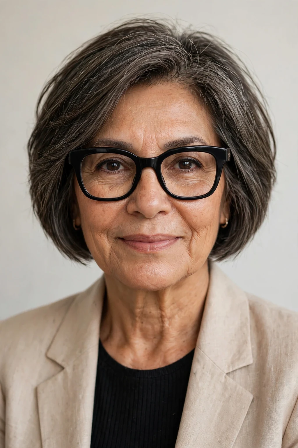 Elegant woman over 50 with fine hair and glasses and short bob mix, blended versatile length, flattering light.