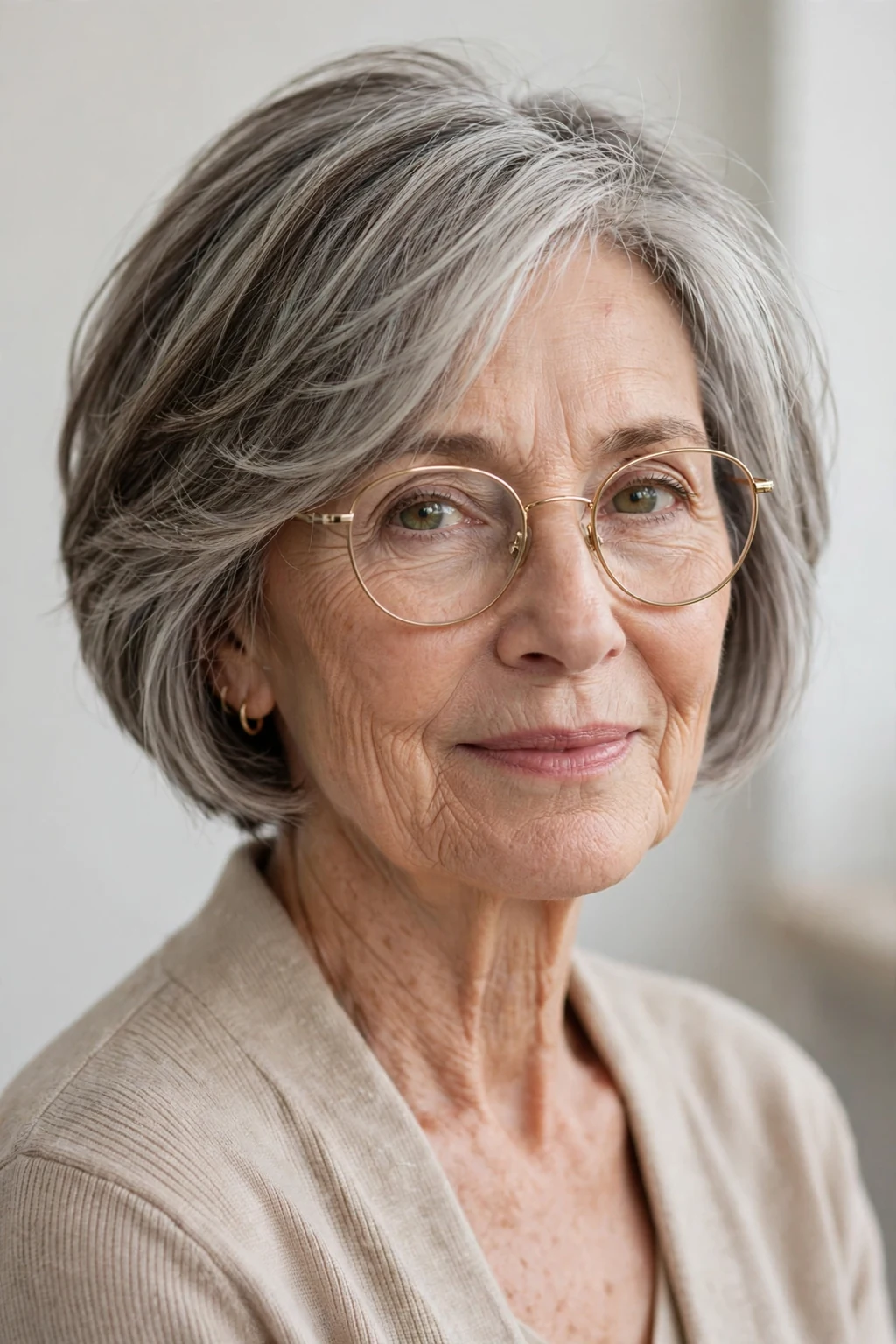 Elegant woman over 60 with fine hair and glasses and short bob mix, blended versatile length, flattering light.