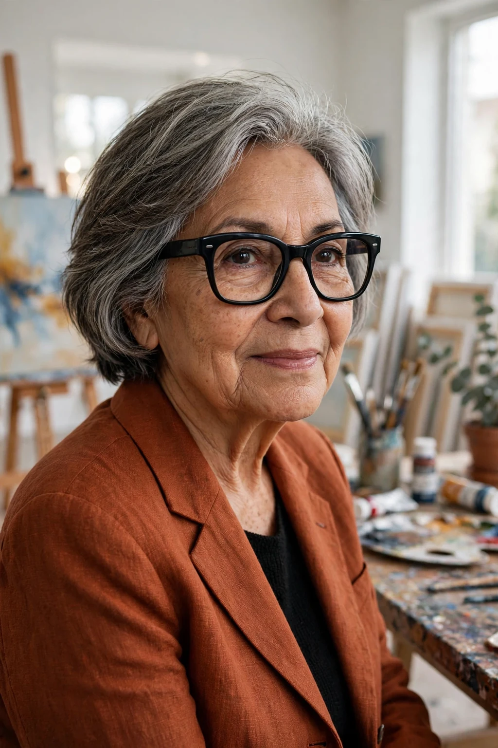 Elegant older woman over 70 with fine hair and glasses and short bob mix, blended versatile length, flattering light.