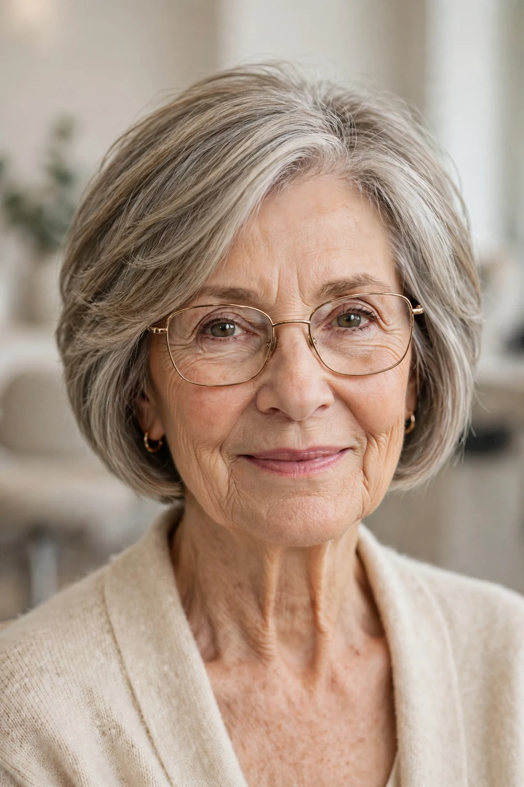 Elegant older woman with glasses and short bob mix, blended versatile length, flattering light.
