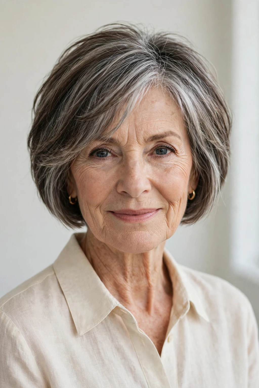 Elegant older woman over 60 with short bob mix, blended versatile length, flattering light.