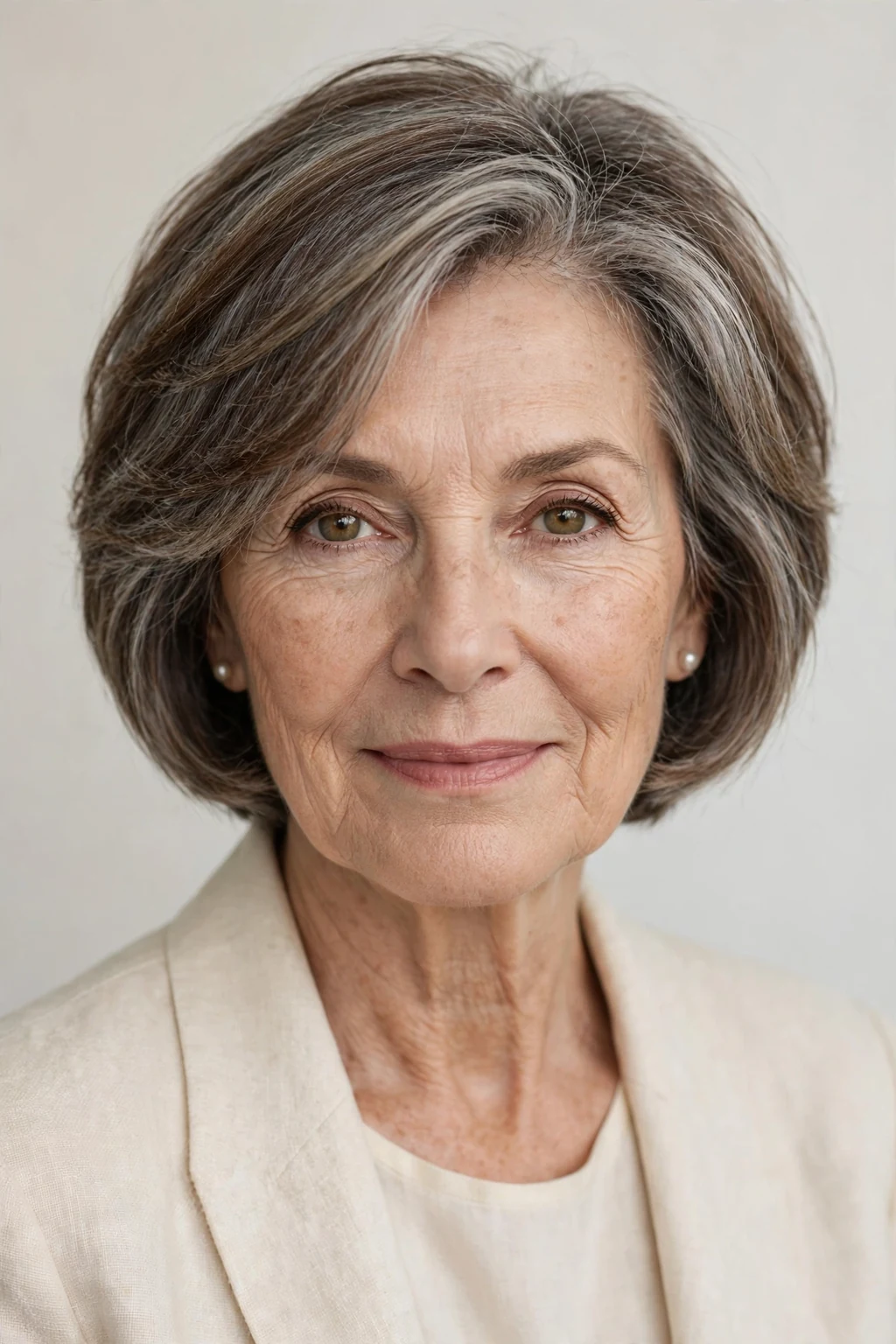 Elegant older woman with short bob mix, blended versatile length, flattering light.