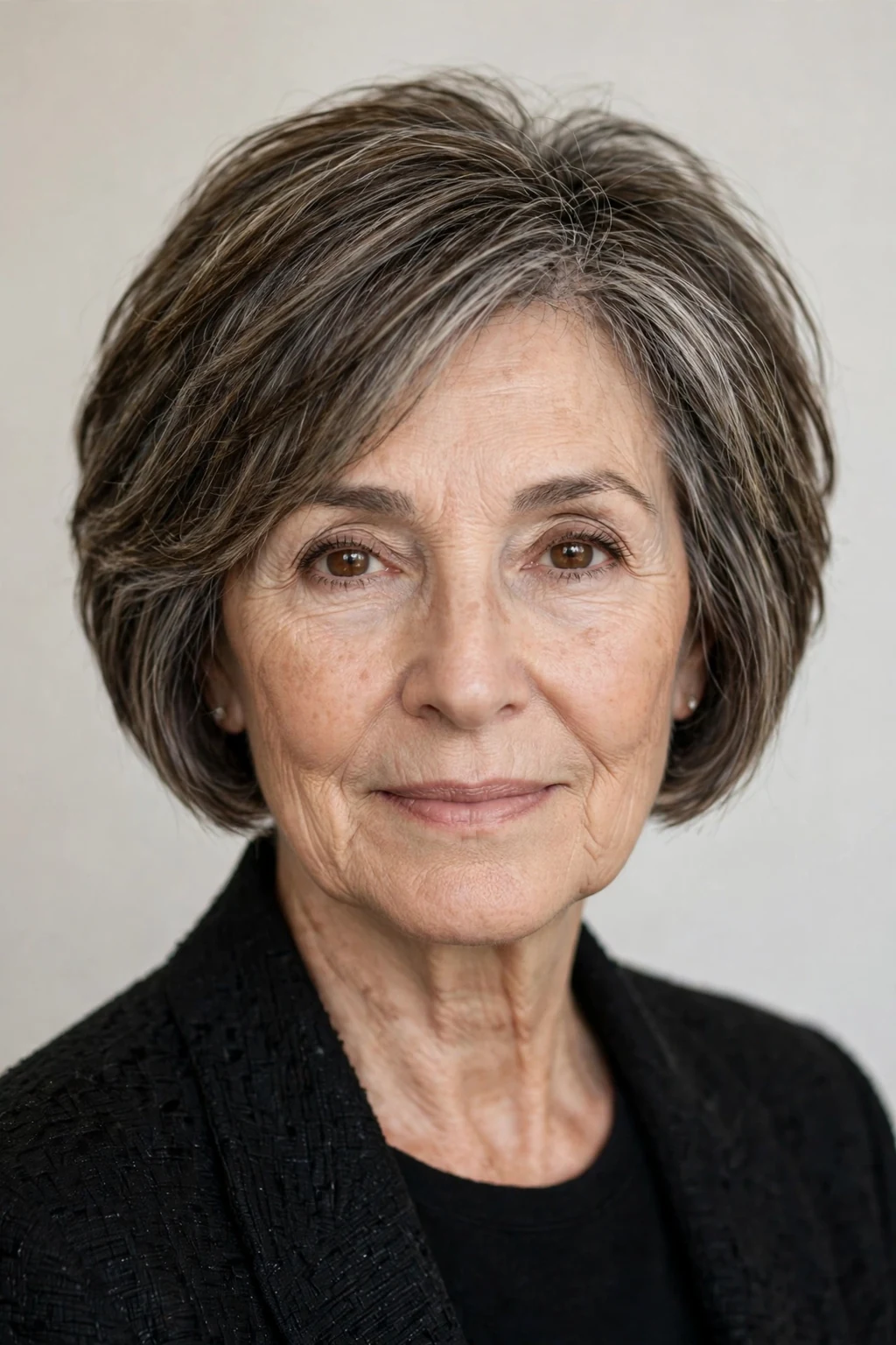 Elegant woman over 60 with short bob mix, blended versatile length, flattering light.