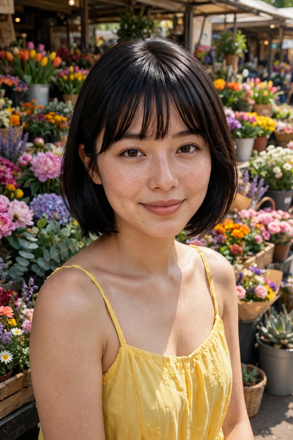 Young woman with a short bob and full bangs, straight fringe above the brows, in a flower market.