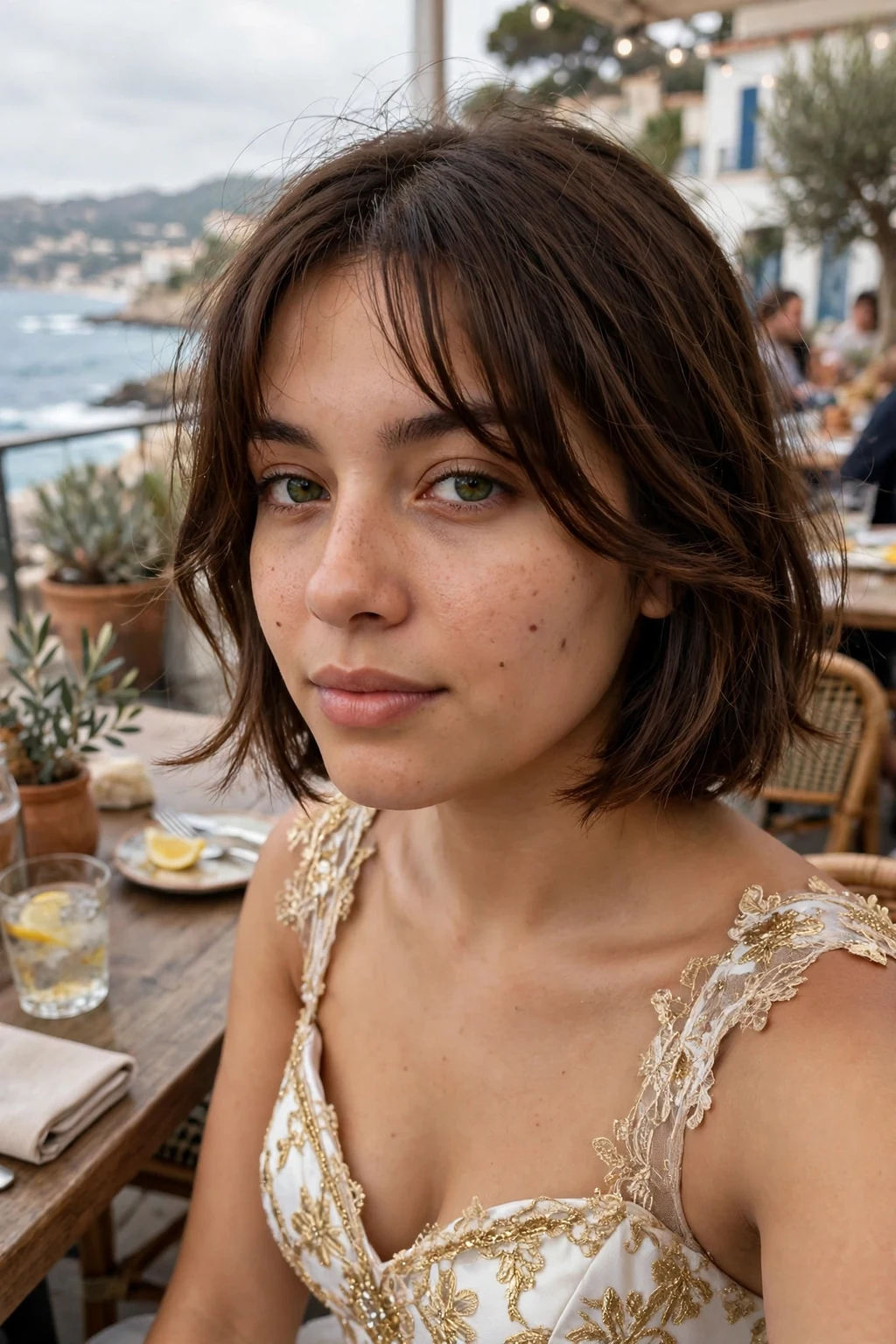 Young woman aged 18 to 20 with short bob with curtain bangs hairstyle for prom, a seaside restaurant terrace.