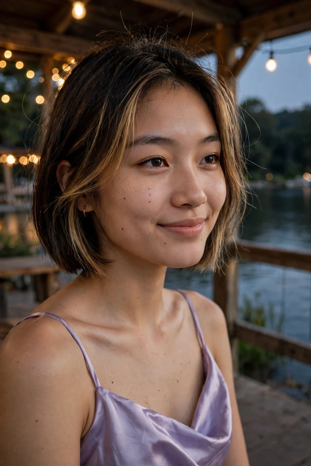 Young woman aged 18 to 20 with short bob with face-framing highlights hairstyle for prom, a lakeside pavilion with string lights.