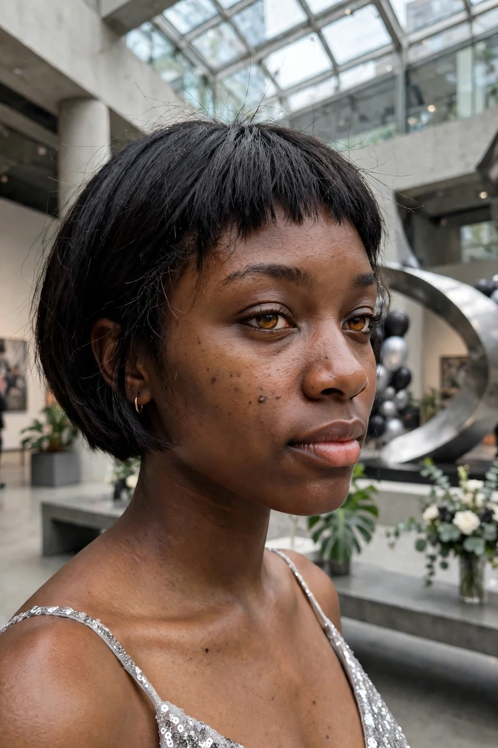 Young woman aged 18 to 20 with short bob with micro bangs hairstyle for prom, a modern art museum atrium decorated for prom.