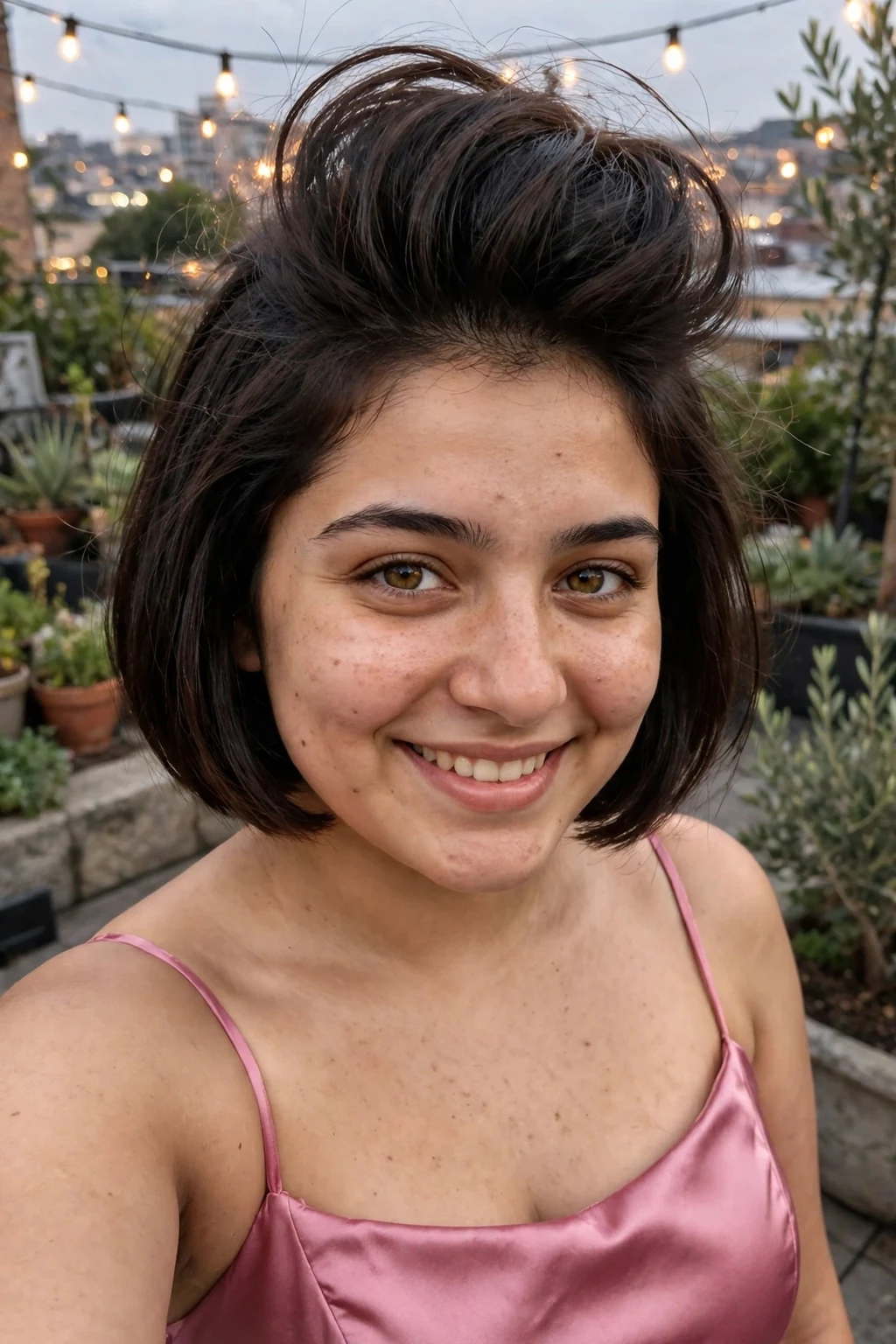 Young woman aged 18 to 20 with short bob with voluminous roots hairstyle for prom, a rooftop garden with string lights.