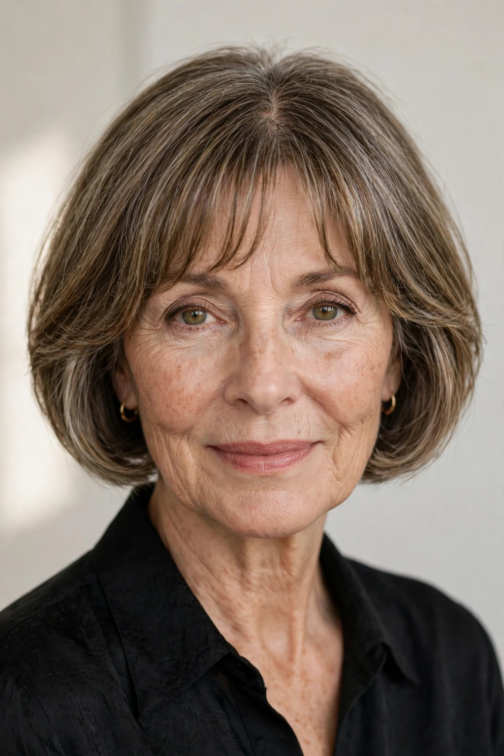 Elegant woman over 50 with short bob with curtain bangs, soft parted fringe, flattering light.