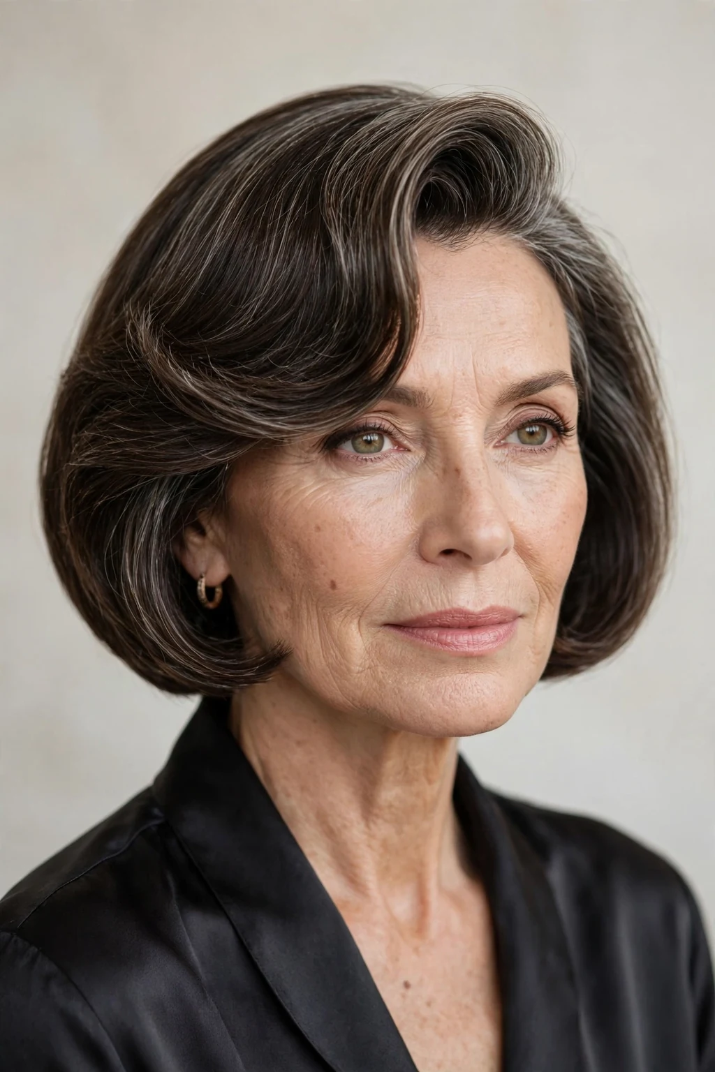 Elegant woman over 50 with short bob with deep side part, dramatic elegant sweep, refined light.