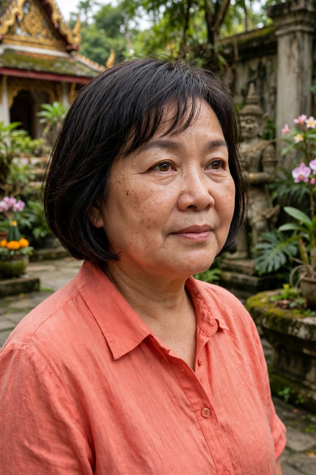 Mature woman over 50 with a short bob with feathered bangs haircut for fine thin hair, styled and full of volume.