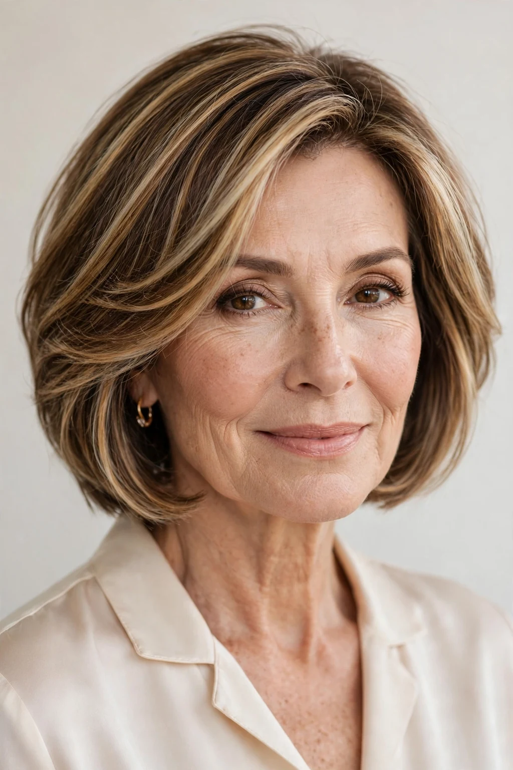 Elegant woman over 50 with highlighted short bob, dimensional radiant color, luminous light.